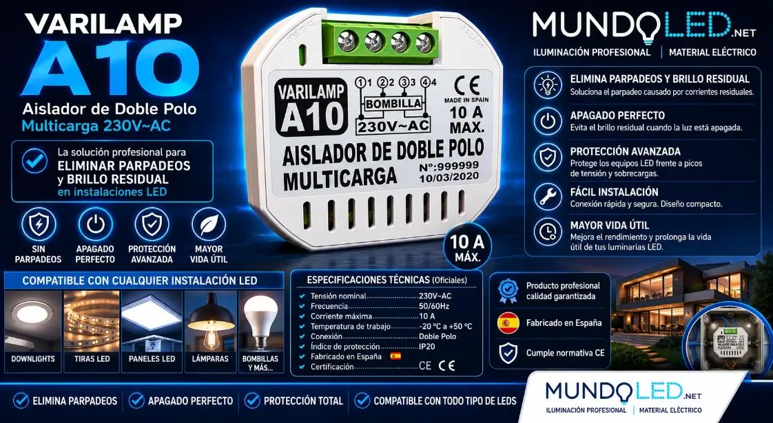 Varilamp A10, aislador de doble polo para instalaciones LED