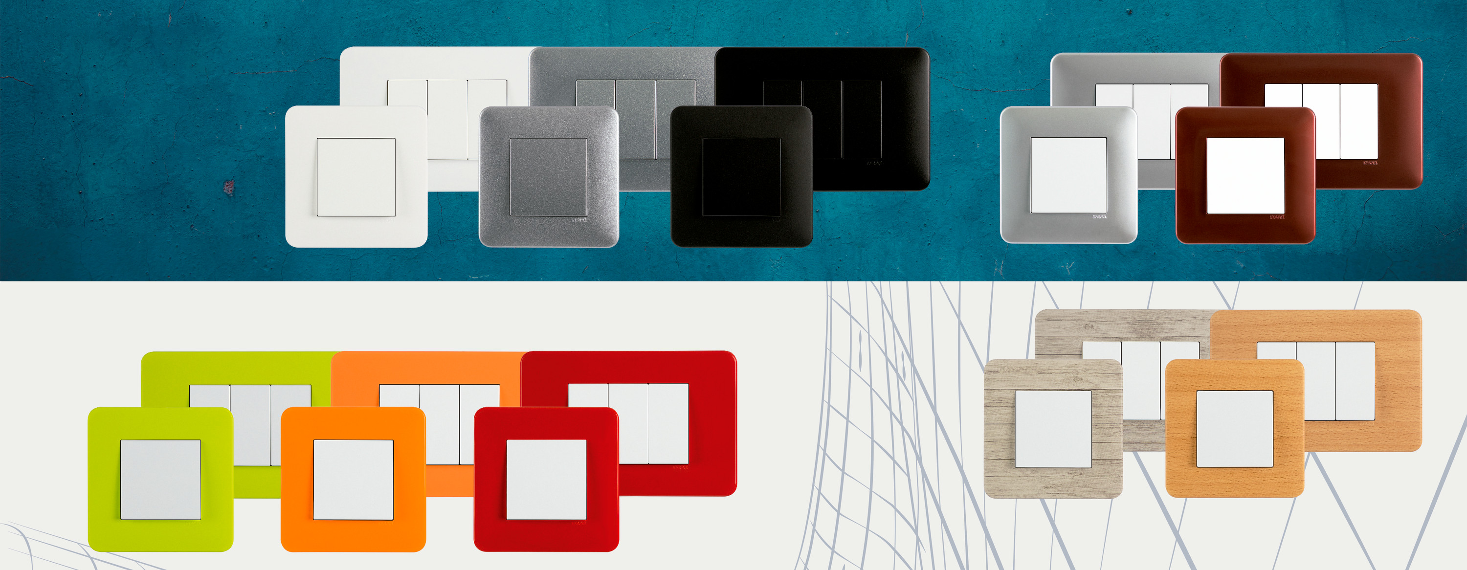 Varios mecanismos de empotrar EFAPEL Latina en acabados blanco, metal, negro, colores y madera