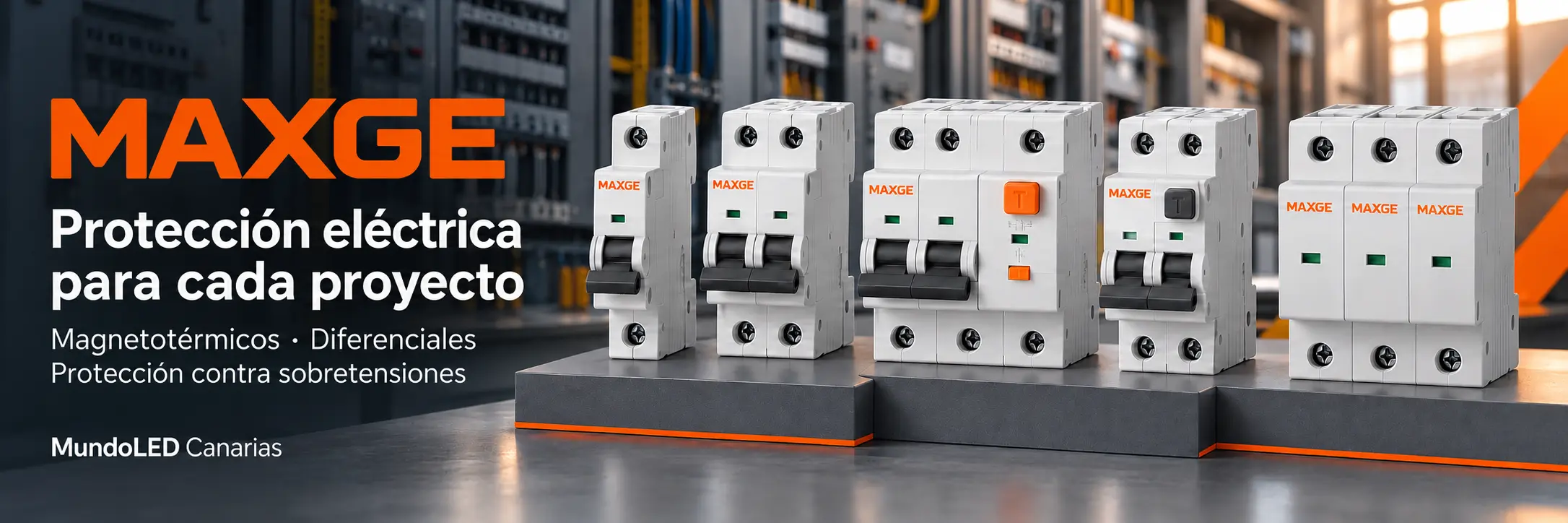 Recreación publicitaria de productos Maxge: magnetotérmicos, diferenciales y protectores de sobretensiones sobre un fondo de cuadros eléctricos