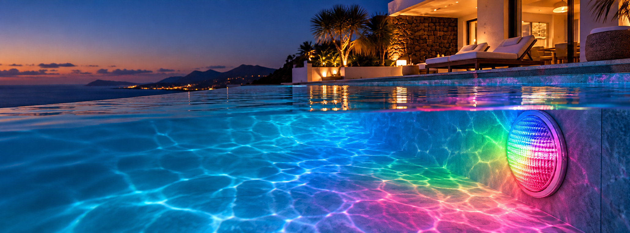 Representación del foco para piscina MiBoxer PW01 iluminando el agua con colores RGB