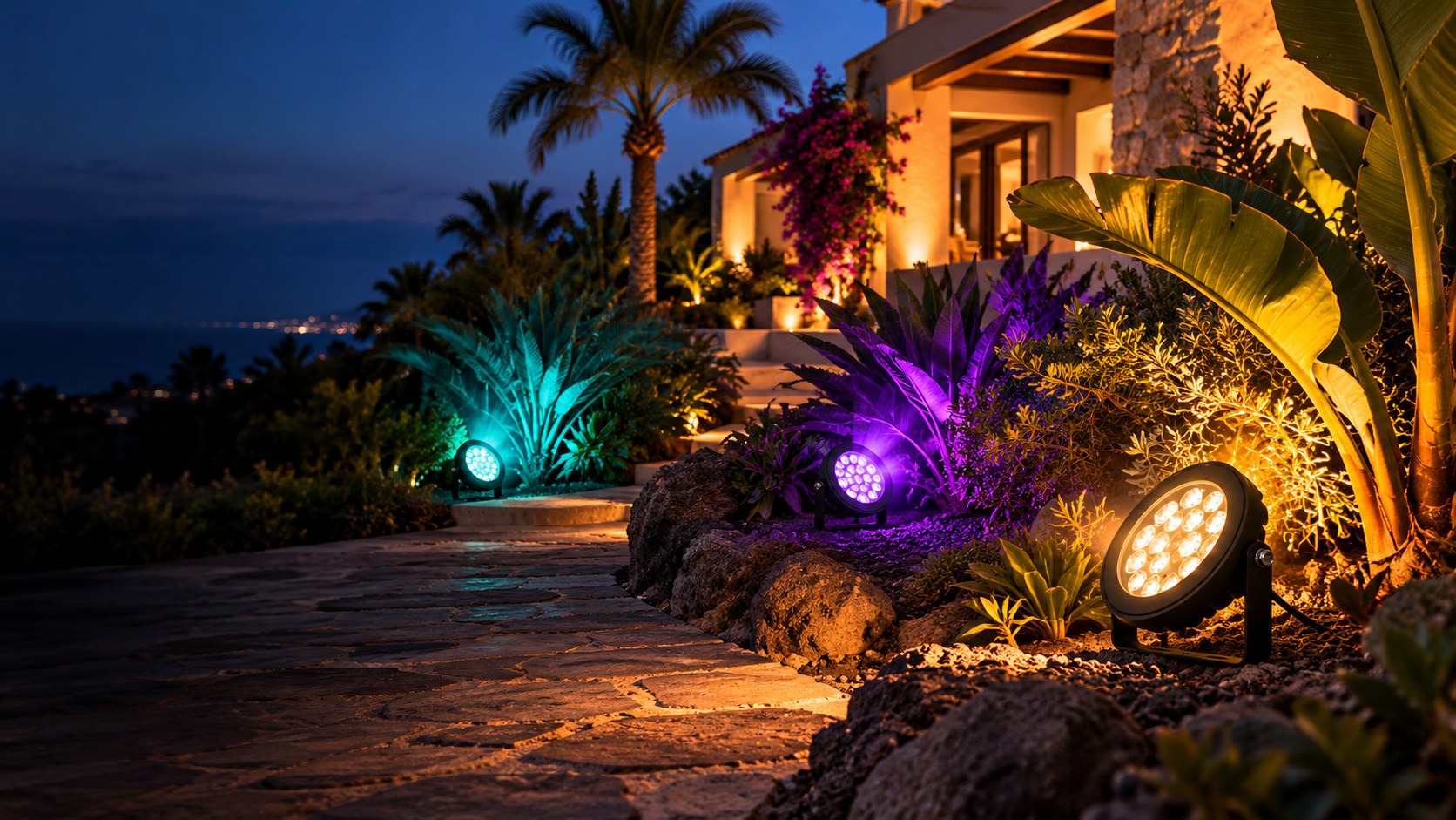 Focos de jardín MiBoxer RGB+CCT de la serie FUTC02ZR iluminando un jardín