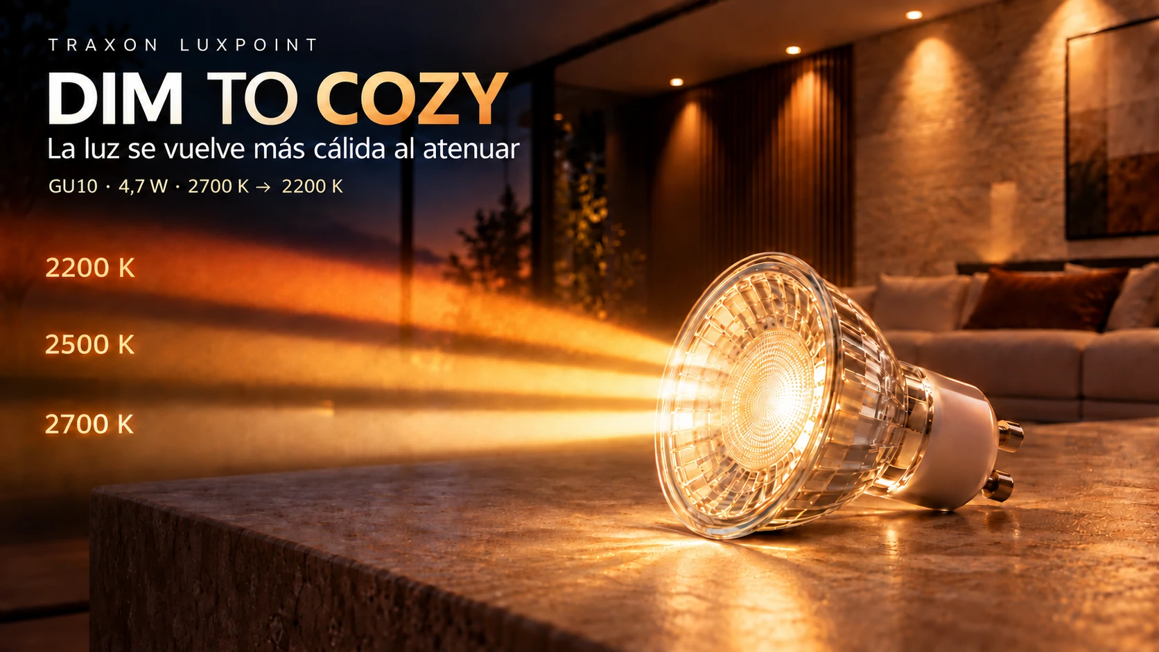 Bombilla Traxon LUXPOINT GU10 Dim to Cozy, con franjas de luz cálida de 2200 K, 2500 K y 2700 K